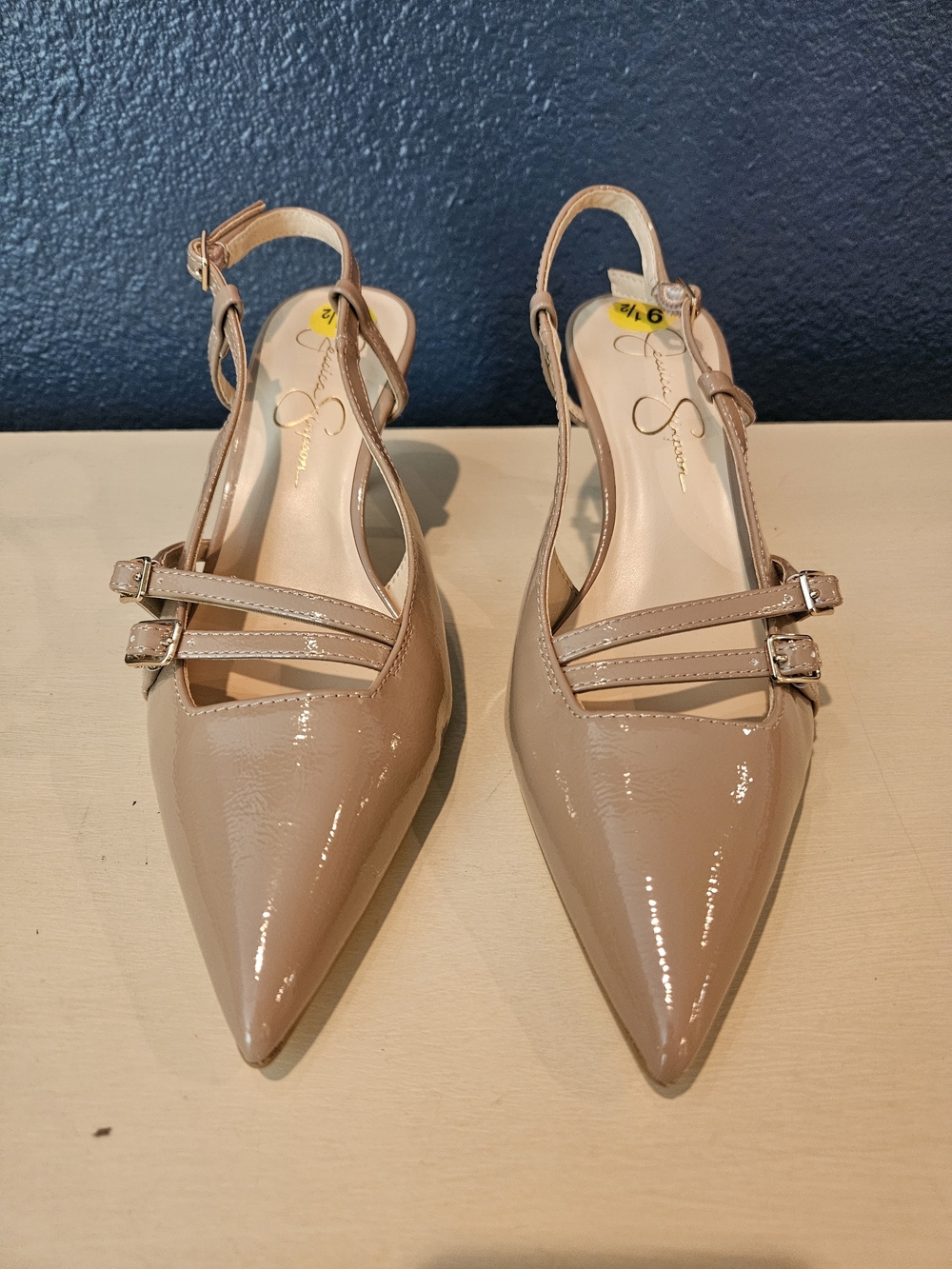 NEW Jessica Simpson Nude Patent Pointed Slingback Flats wit Double Buckles
